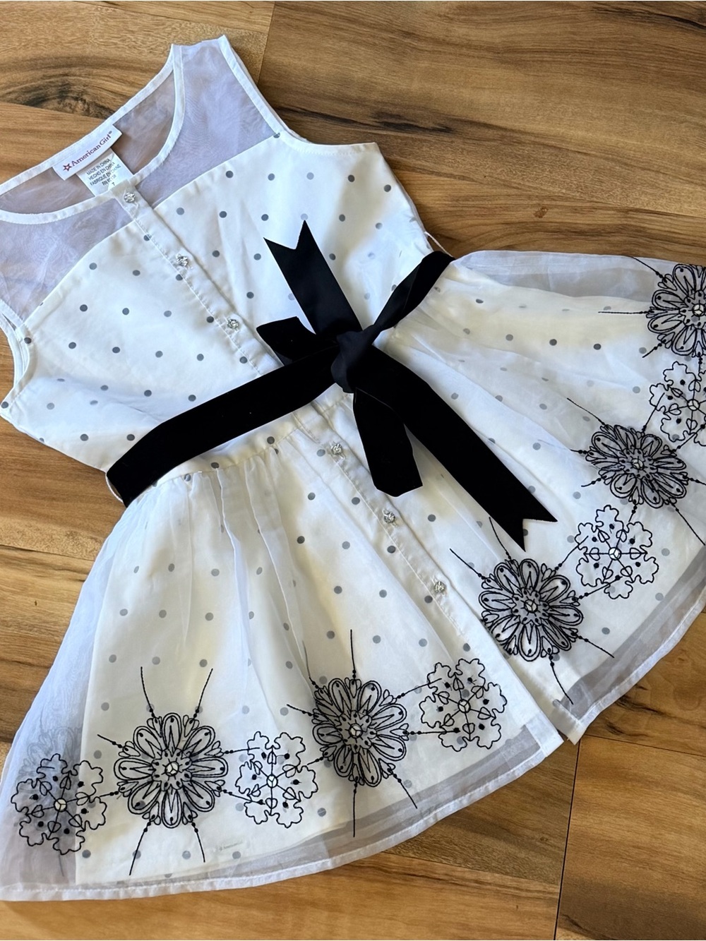 White Polka Dot Floral A-Line Dress with Black Ribbon
